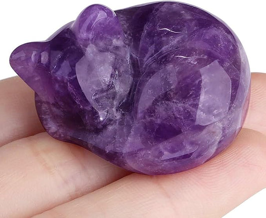 LAIDANLA Amethyst Cat Healing Crystals Figurine Sleeping Cat Hand Carved Cute Statue Polished Stone Sculpture Reiki Office Room Bedroom Desk Home Decoration Gifts 1.6"