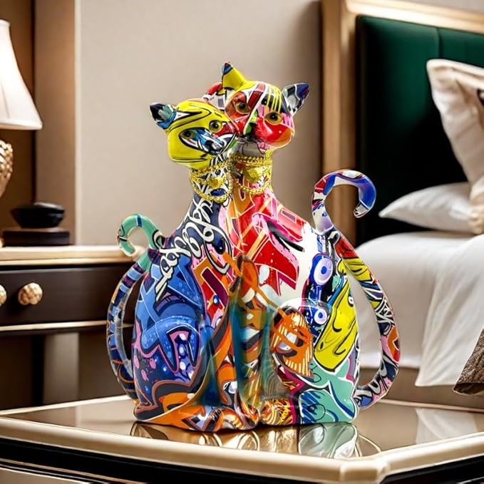 Colorful Cat Couple Lover Art Statue Figurine Sculpture, Cats Gifts for Cat Lover, Office Home Decor, Desk Accessories
