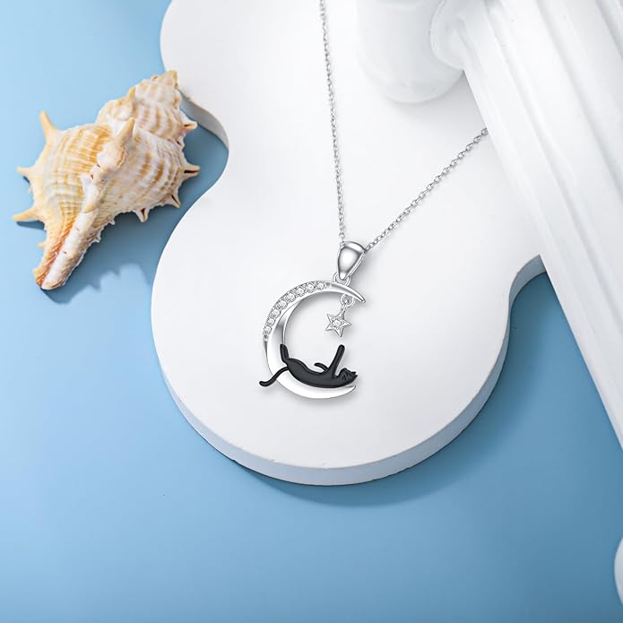 Diamond Moon and Cat Necklace for Women 925 Sterling Silver Black Cat on the Moon Pendant with Lab Grown Diamonds Jewelry Gifts