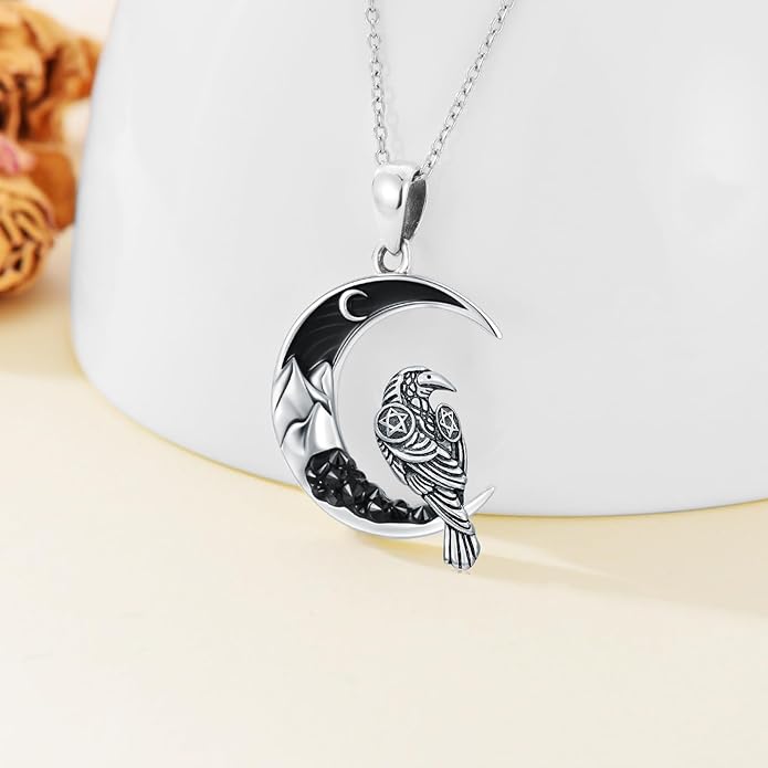 Gothic Jewelry Bat/Cat/Wolf/Dragon/Owl/Fox/Spider/Sun Pendant Sterling Silver Crescent Moon Necklace for Women Girls Black Jewelry Gifts