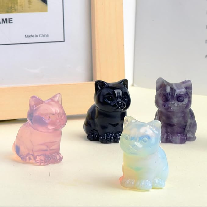 White Opalite Cat Crystal Statues, Healing Crystal Kitty Figurine Decorations, White Cat Gift Lucky Cute Kitten Figurines, Handcrafted Figurine for Home Décor and Spiritual Protection