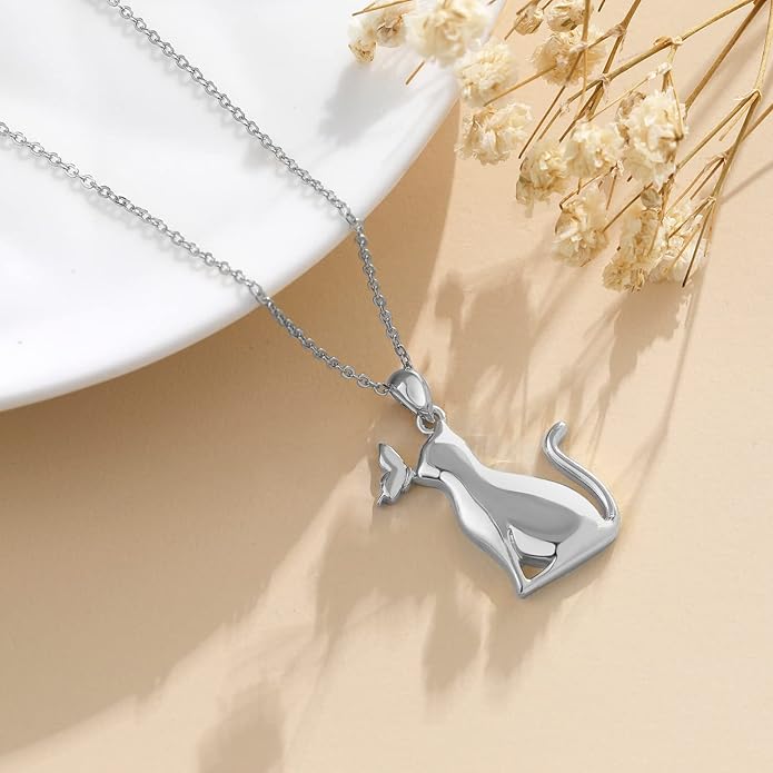 LONAGO Cat Necklace with Butterfly 925 Sterling Silver Cat Pendant Necklace Gift for Women