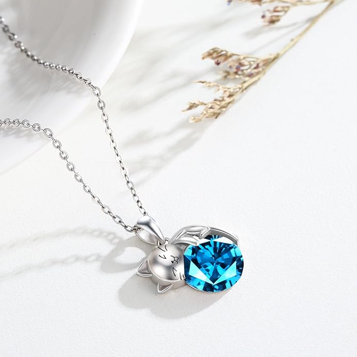 LONAGO Cat Necklace with Birthstone 925 Sterling Silver Cat Pendant Necklace Gift for Women