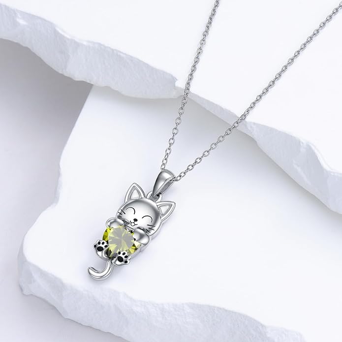 LONAGO Cat Necklace with Heart Birthstone Cat Pendant Necklace Sterling Silver Gifts for Women