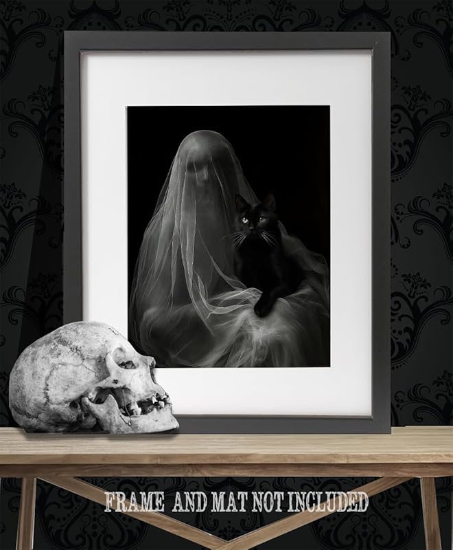 Ghost with a Black Cat Halloween Poster - Dark Academia Gothic Home Decor, Eerie Mystery Figure Art Print for Halloween Enthusiasts and Unique Wall Art Collectors (Unframed Print Poster, 16" x 20")