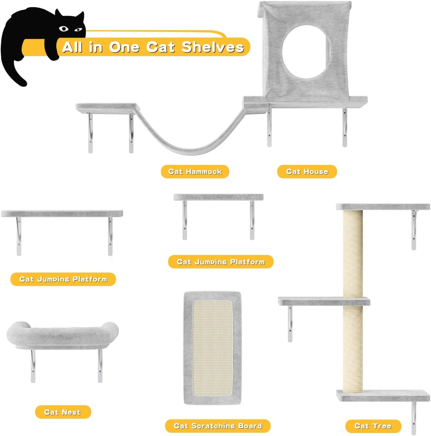 NUNU LAB Wall Mounted Cat Climber Set, 6 Pcs Cat Furniture Set with House, Bridge, Steps, Scratcher Board and Hammock, Shelves for Indoor, Luxury Walls Furniture(Gray)