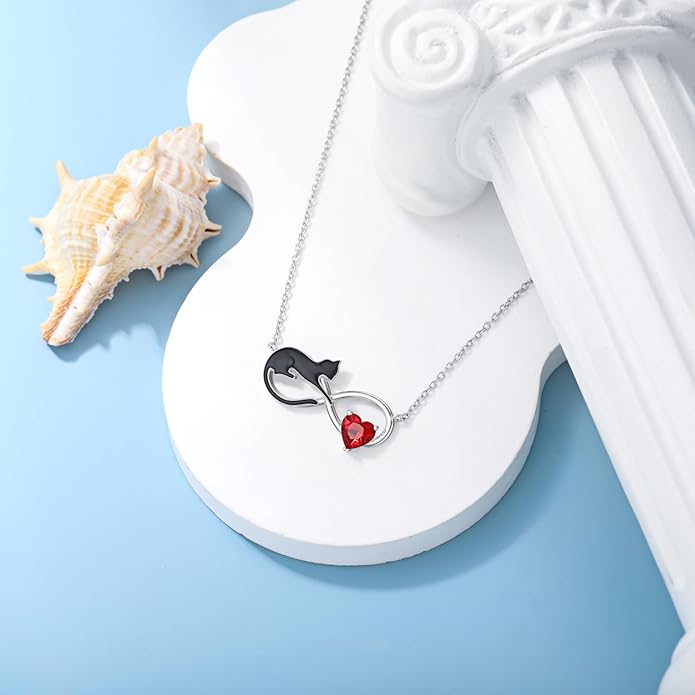 Natural Garnet Black Cat Necklace for Women 925 Sterling Silver Infinity and Cat Pendant Black Cat Jewelry Gifts for Cat Lovers