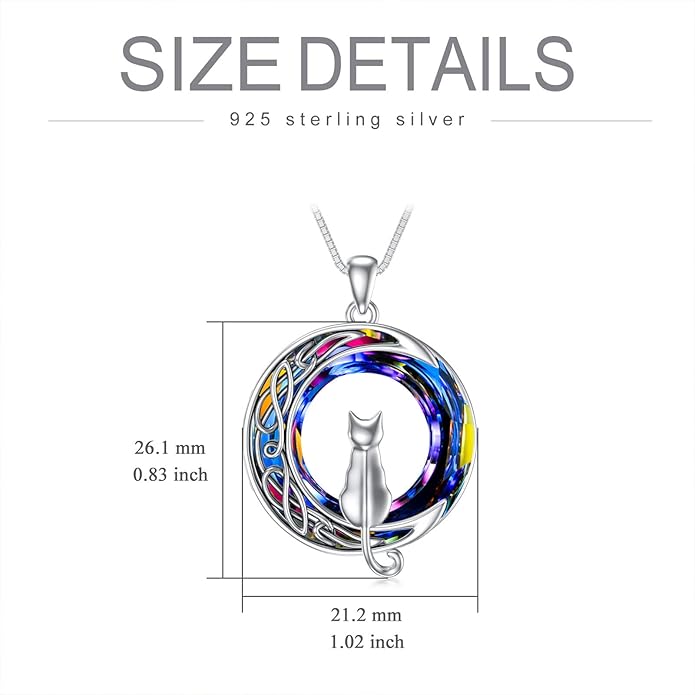 TOUPOP Cat Gifts for Cat Lovers 1 2 3 Cats Necklace Sterling Silver Cat on the Moon Pendant Necklace with Blue Circle Crystal Birthday Christmas Celtic Jewelry Gifts for Women