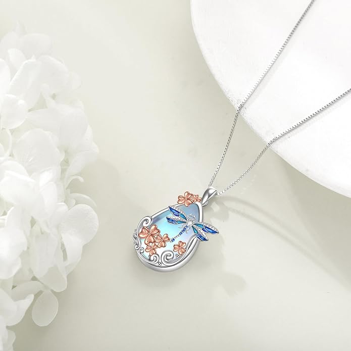 KQF Dragonfly/Butterlfy/Cat/Jellyfish/Bunny/Axolotl/Bee/Mermaid/Hummingbird/Elephant Necklace for Women Sterling Silver Moonstone Pendant Necklace Dragonfly Jewelry Gifts for Women