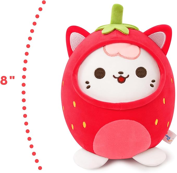 PEACH CAT Strawberry Cat Plush Pillow Cute Strawberry Kitten Stuffed Animal Cat plushie with Strawberry Outerwear for Kids Red 8"
