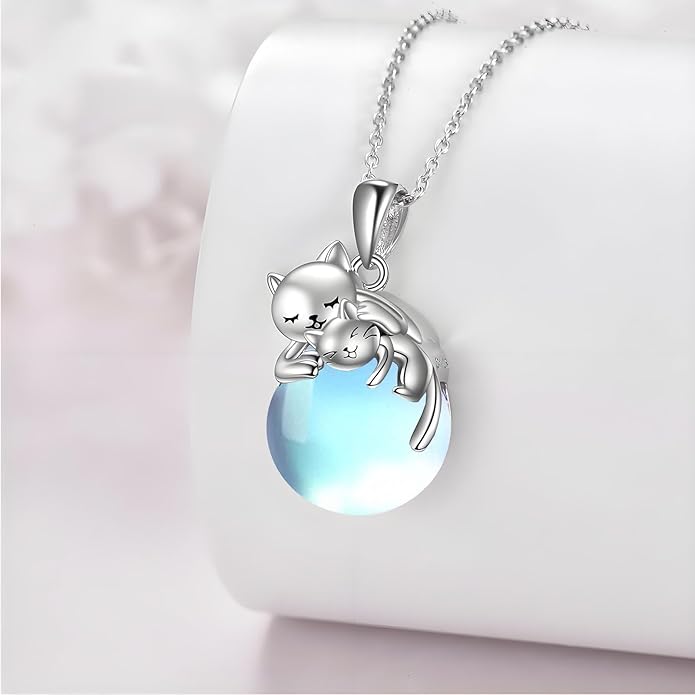 Cat Necklace Sterling Silver Cat Pendnat with Rose Quartz Pearl Jewelry Gifts for Women Cat Lovers
