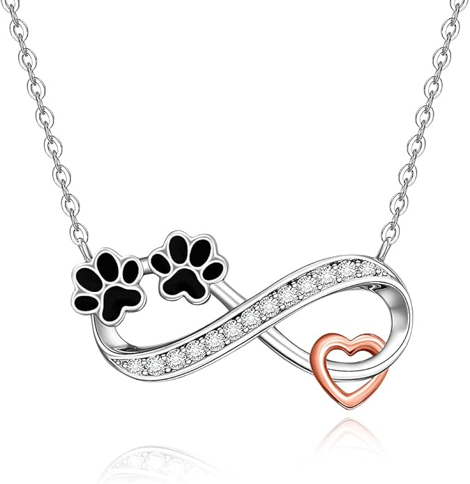 Dog Cat Paw Print Necklace for Women Sterling Silver Infinity Necklaces Memorial Gifts Black Puppy Paw Heart Crystal Pendant