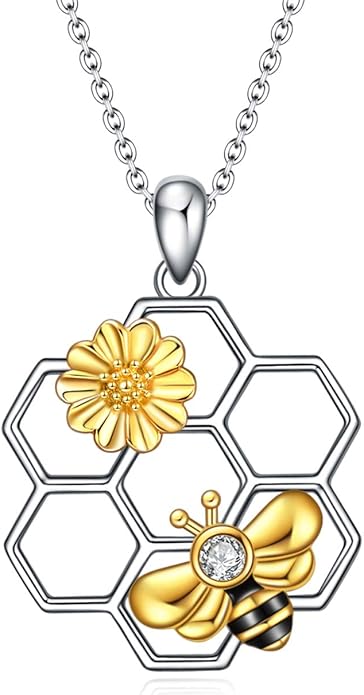 LUHE Bee Necklace 925 Sterling Silver Honeycomb Cute Flower Pendant Necklaces for Women Gifts for Her Women