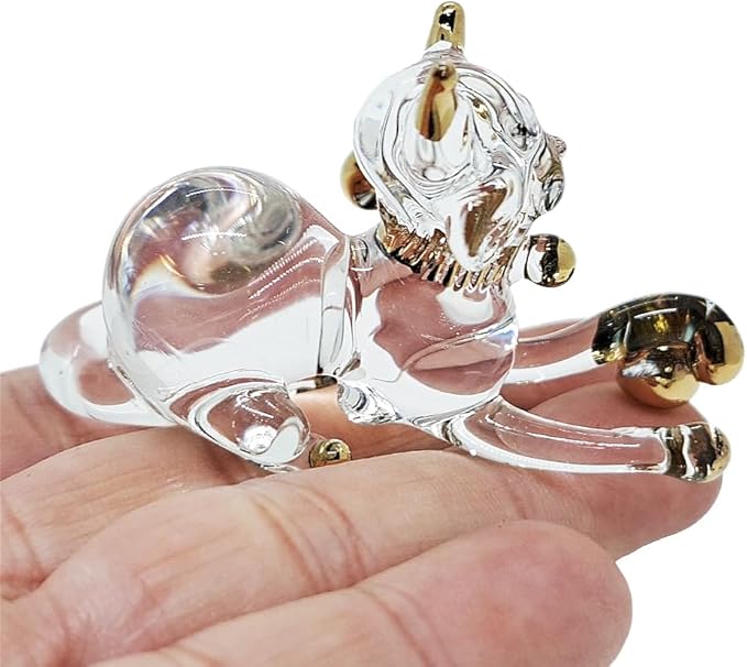 Tiny 2" Clear Gold Crouching Play Ball Cat Figurine Miniature Hand Blown Painted Glass Cats Kitten Feline Animals Cute Crystal Decorative Collectible Figurines Décor Gifts