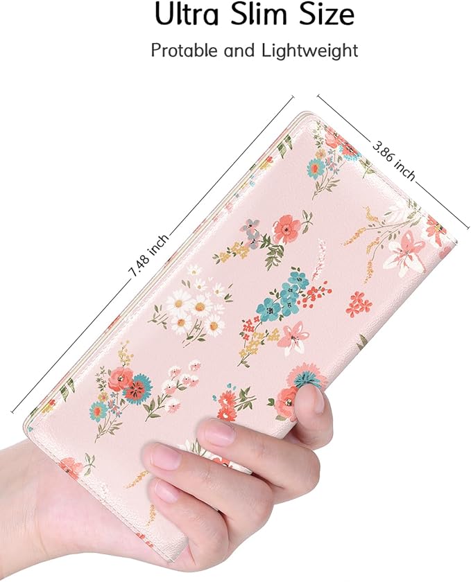 Nipichsha Womens Wallet, RFID Slim Wallets for Women, Thin Ladies Credit Card Holder Purse, Cute Leather Bifold Clutch Billfold with 11 Card Slots & ID Window, Pink Flowers