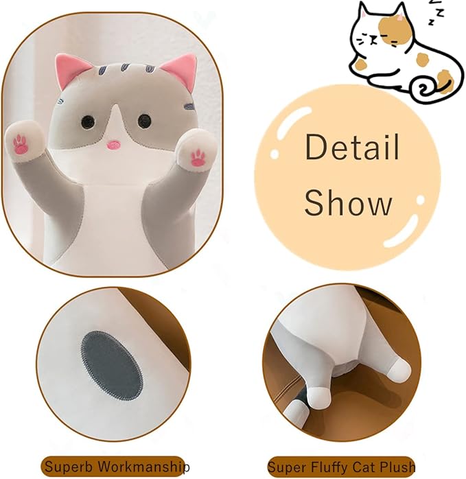 Long Gray Cat Plush Pillow Toy Sleeping Pillow Cute Cartoon Cat Stuffed Animals Soft Long Body Pillow Gift for Kids(35.43in)