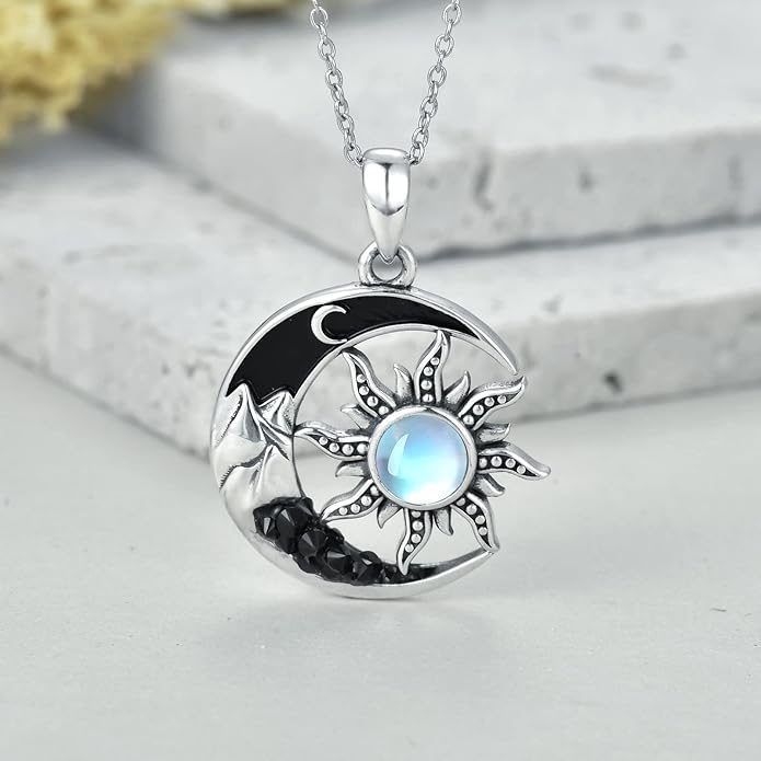 Gothic Jewelry Bat/Cat/Wolf/Dragon/Owl/Fox/Spider/Sun Pendant Sterling Silver Crescent Moon Necklace for Women Girls Black Jewelry Gifts