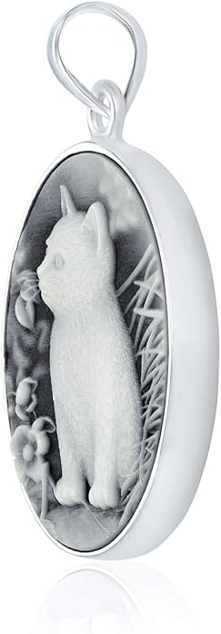 Personalized Custom Engraved Holds Picture Vintage Antique Style Simulated Black White Onyx Sitting Kitten Oval Cat Cameo Photo Locket Pendant Necklace For Women Teen .925 Sterling Silver