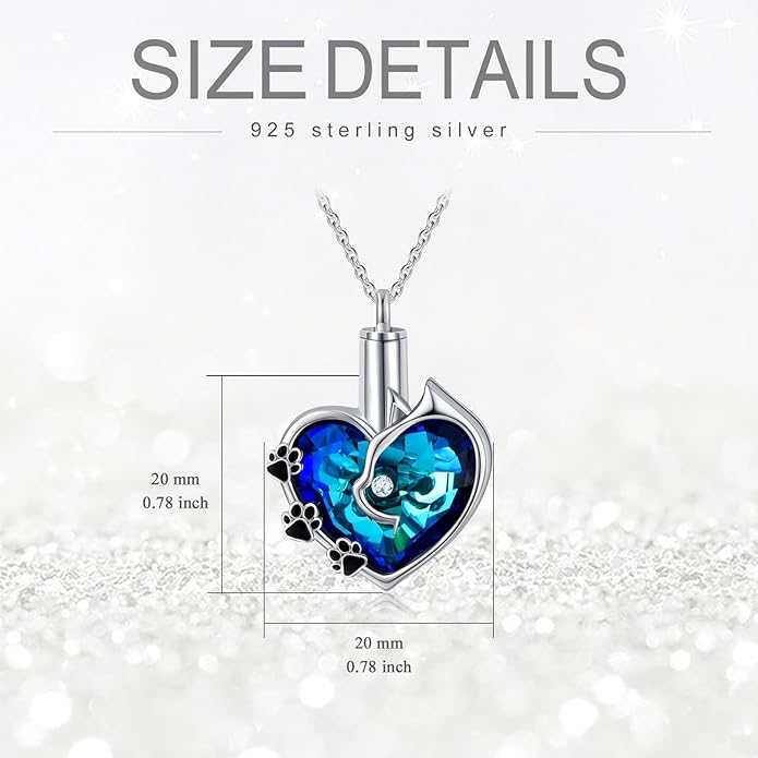 Cat Urn Necklace for Ashes 925 Sterling Silver Cremation Keepsake Memorial Jewelry for Ashes with Blue/Deep Purple Heart Crystal from Austria Keepsakes Memorial Necklaces Meaningful Gifts
