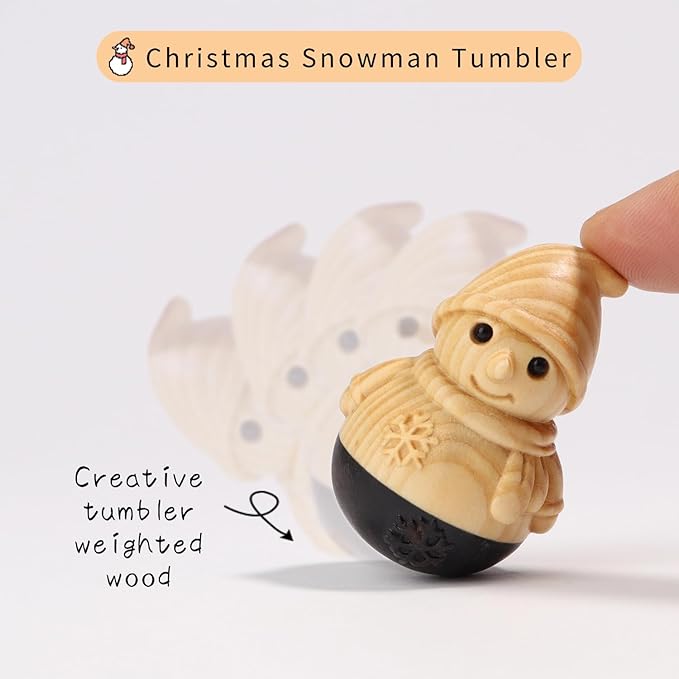 Christmas Snowman Wooden Figurine,Miniature Wooden Festive Snowman Tumbler Art Decoration Carved Garden Statue,Desk Decoration Lovely Gift Home Decor Figurine Table Living Room Holiday Decoration