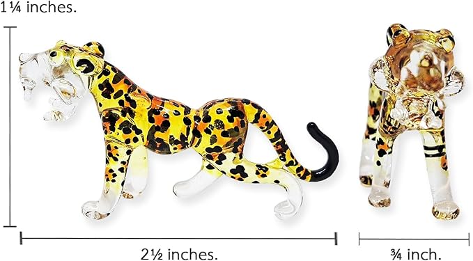 ChangThai Design Tiny 2½" Yellow Black Spotted Roaring Leopard Cheetah Jaguar Figurine - Miniature Hand Blown Glass Wild Cats Wildlife Felidae Animal Crystal Decorative Collectible Figures Décor Gifts