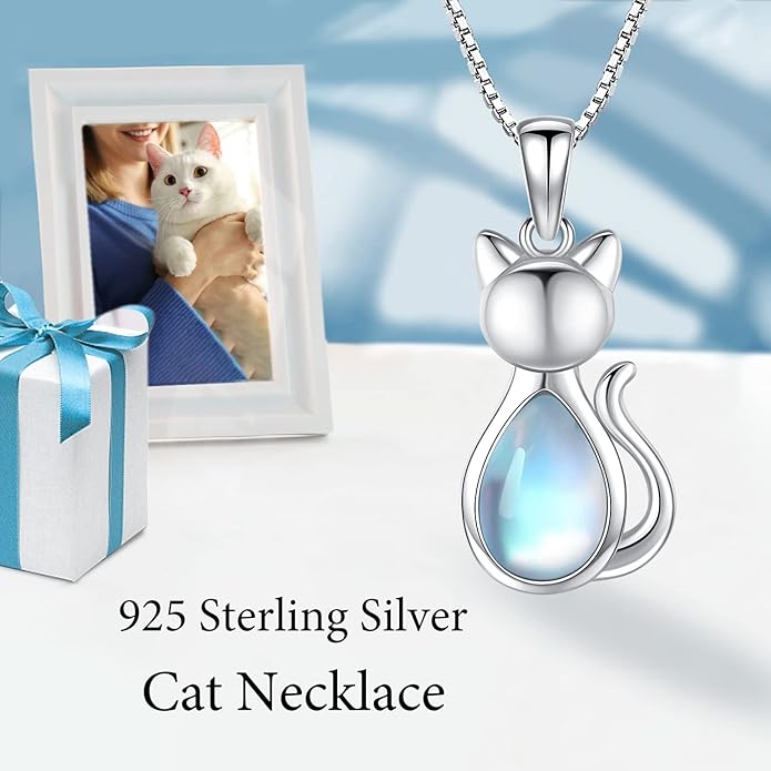 Odinstone Cat Birthstone Necklaces Jewelry Sterling Silver Cat Pendant Necklace Gift for Women Gifts, 18'' Silver Box Chain Women's Birthstone Crystal Cat Jewelry Gifts