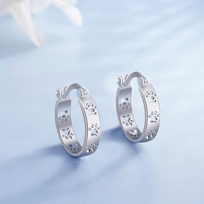 Paw Earrings 925 Sterling Silver Paw Hoop Earrings Cat Dog Jewelry Gifts for Women