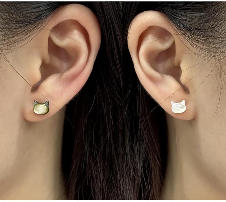 Dainty Shell Pearl Cat Stud Earrings for Women Girls 925 Sterling Silver Hypoallergenic Nickel Free Tiny Small Kitten Animal Studs Cartilage Tragus Post Cute Birthday Halloween Christmas Jewelry Gifts