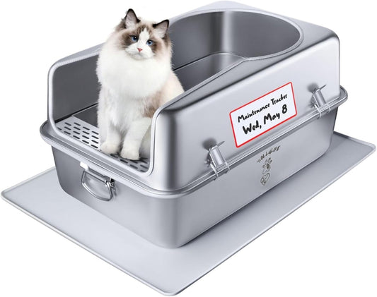XL Metal Cat Litter Box with Lid – Non-Stick, Odor Control, Stainless Steel, Rust-Resistant, High-Sided – Easy to Clean with Handles, No-Slip Base, Leak-Proof Seal, 5 Clips, Cleaning Tracker