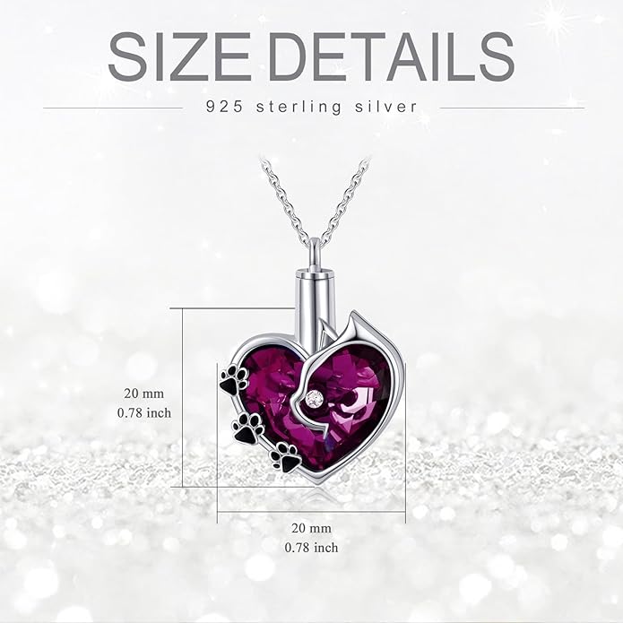 Cat Urn Necklace for Ashes 925 Sterling Silver Cremation Keepsake Memorial Jewelry for Ashes with Blue/Deep Purple Heart Crystal from Austria Keepsakes Memorial Necklaces Meaningful Gifts