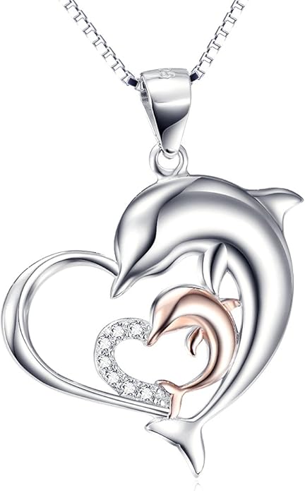 Dolphins Jewelry 925 Sterling Silver Two-Tone Eternal Love Double Heart Dolphin Pendant Necklace for Women (Rose Gold Dolphin Necklace 18'')