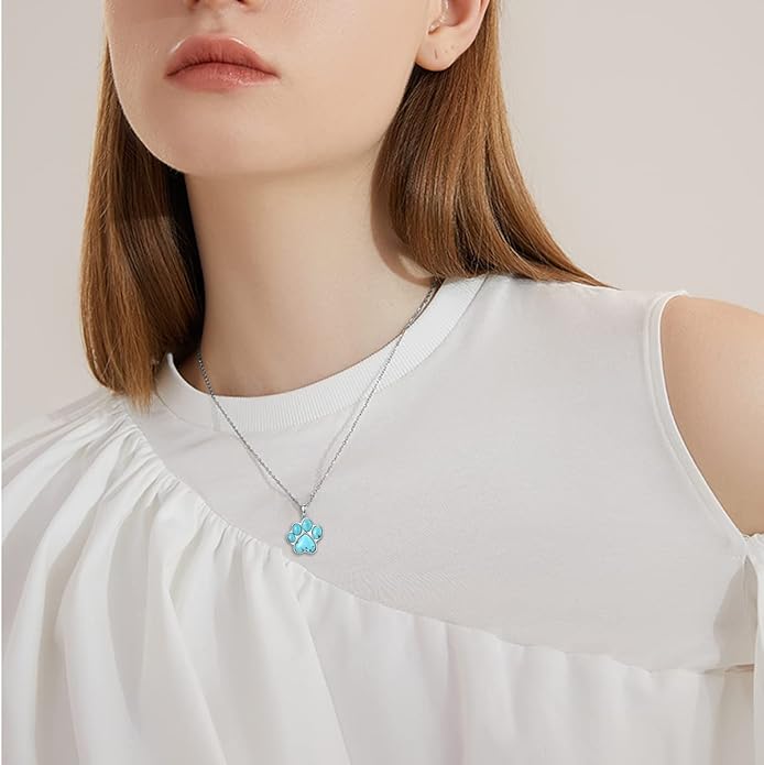 Paw Print Necklace 925 Sterling Silver with Genuine Turquoise/Larimar Dog Cat Kitten Puppy Footprint Pendant Animal Jewelry Gifts for Women Pet Lover