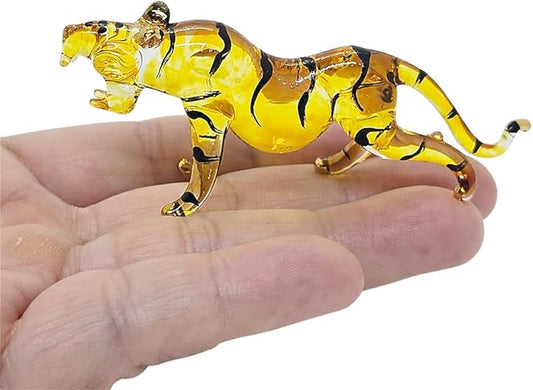 Tiny 3" Yellow Roaring Bengal Tiger - Miniature Hand Blown Glass Tigers Panthera Wild Cats Small Crystal Wildlife Animals Decorative Figures Collectible Figurines Décor Gifts