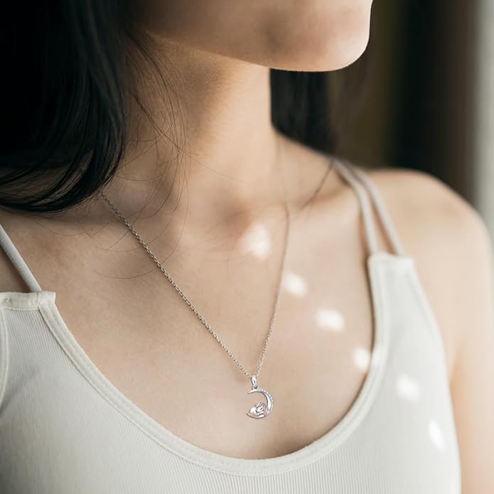 Diamond Black Cat/Red Panda/Sloth/Deer/Unicorn Necklace for Women 925 Sterling Silver Sleeping Animal and Moon Pendant with Lab Grown Diamonds Jewelry Gifts