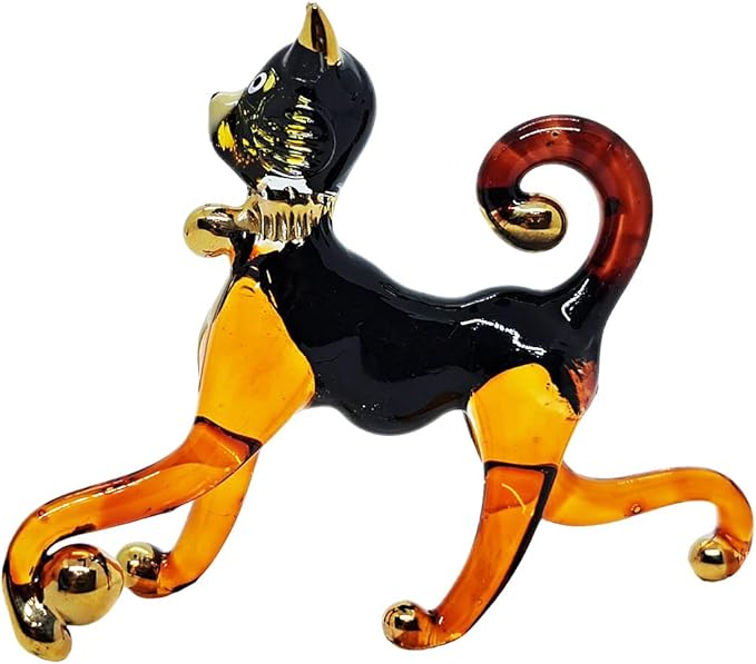 Tiny 2⅞" Black Brown Standing Play Ball Cat Figurine Miniature Hand Blown Painted Glass Cats Kitten Feline Animals Cute Crystal Decorative Collectible Figurines Décor Gifts