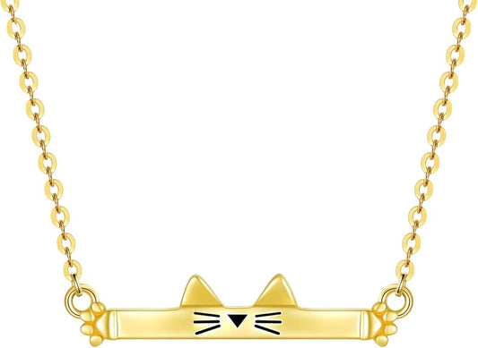 SISGEM 14K Real Gold Cat Bar Necklace for Women,Yellow Gold Cute Cat Pendant Necklaces Christmas Birthday Gifts for Her 16''-18''