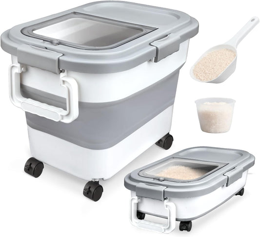 Rice Storage Container, Collapsible Airtight Food Storage Containers 20-30 Lbs, Rice Dispenser Bin with Cup and Scoop for Flour Cereal Pasta Grain, Cat Bird Pet Dog Food Storage Container
