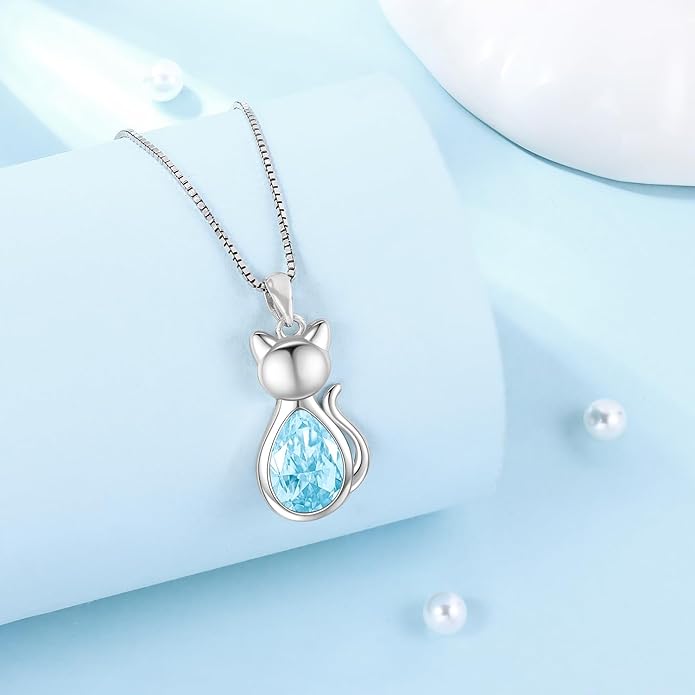 Odinstone Cat Birthstone Necklaces Jewelry Sterling Silver Cat Pendant Necklace Gift for Women Gifts, 18'' Silver Box Chain Women's Birthstone Crystal Cat Jewelry Gifts