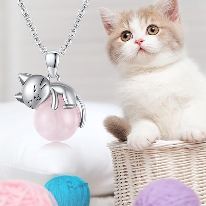 Cat Necklace Sterling Silver Cat Pendnat with Rose Quartz Pearl Jewelry Gifts for Women Cat Lovers