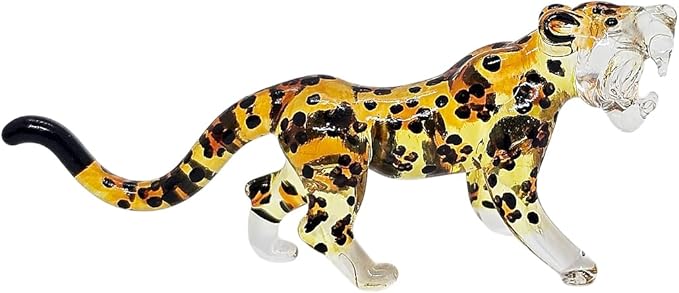 ChangThai Design Tiny 3½" Yellow Black Spotted Roaring Leopard Cheetah Jaguar Figurine - Miniature Hand Blown Glass Wild Cats Wildlife Felidae Animal Crystal Decorative Collectible Figures Décor Gifts