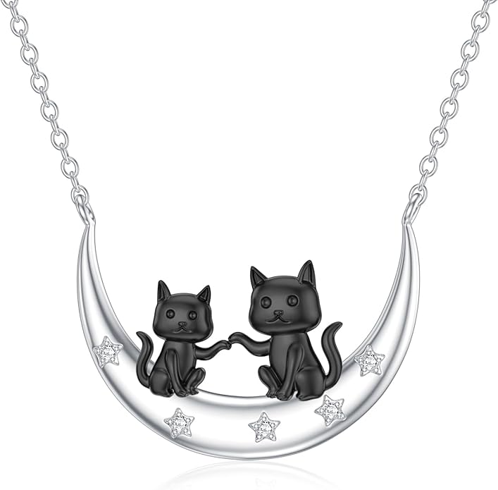 Diamond Black Cat Necklace for Women 925 Sterling Silver Cat on Moon Necklace Pendant Black Cat Jewelry Gifts for Women Mom Wife Girlfriend Daughter Girls