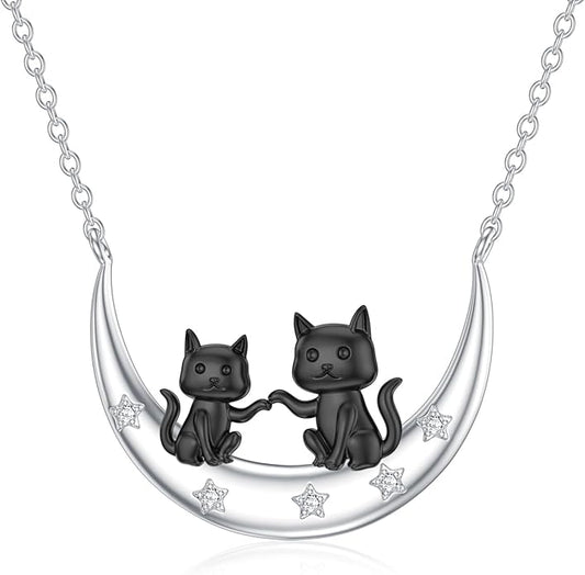 Diamond Black Cat Necklace for Women 925 Sterling Silver Cat on Moon Necklace Pendant Black Cat Jewelry Gifts for Women Mom Wife Girlfriend Daughter Girls