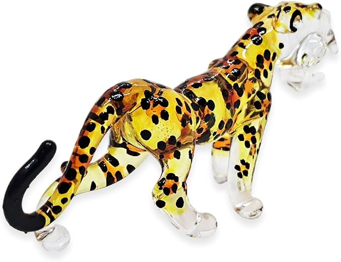 ChangThai Design Tiny 2½" Yellow Black Spotted Roaring Leopard Cheetah Jaguar Figurine - Miniature Hand Blown Glass Wild Cats Wildlife Felidae Animal Crystal Decorative Collectible Figures Décor Gifts