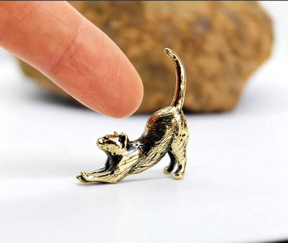 Stretching Cat Figurine Hand-Casted in Brass Small Kitten Miniature Collectible Gift for Cat Lovers Tiny Metal Decorative Trinket