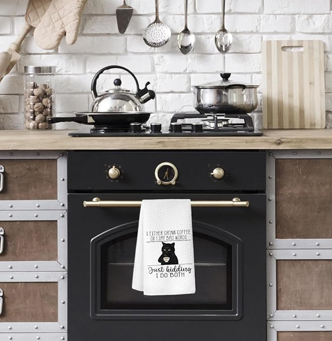 Coffee Kitchen Hand Towels - Black Cat Dish Towels, Bar Accessories Decor, Housewarming Gift for Cat Lovers, 'I Either Drink Coffee or I Say Bad Words' 16x24