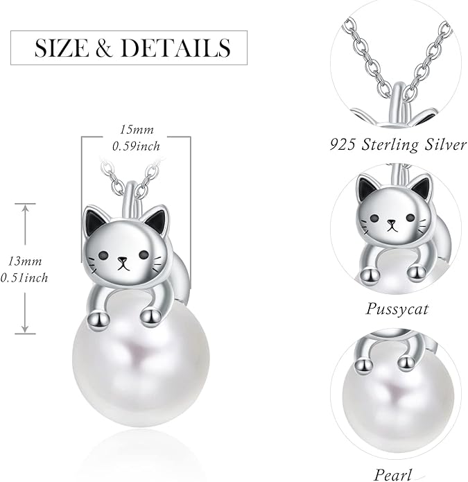 Dreamboat Cat Pearl Necklace for Women - 925 Sterling Silver Kitten Pendant - Cute Animals Jewelry
