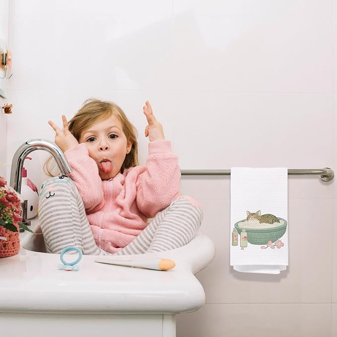 Cute Orange Tabby Cat Bathroom Hand Towels, Cat Lover Gifts, Japanese Bathtub Kitten Bathing Decorative Hand Towels for Bathroom Decor, 16x24 Inch