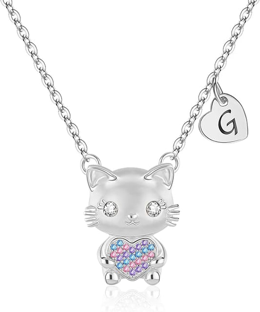 Gifts for Girls Necklace, Cat Heart Pendant Necklace for Jewelry Initial Necklace for Girl Birthday Christmas Gifts