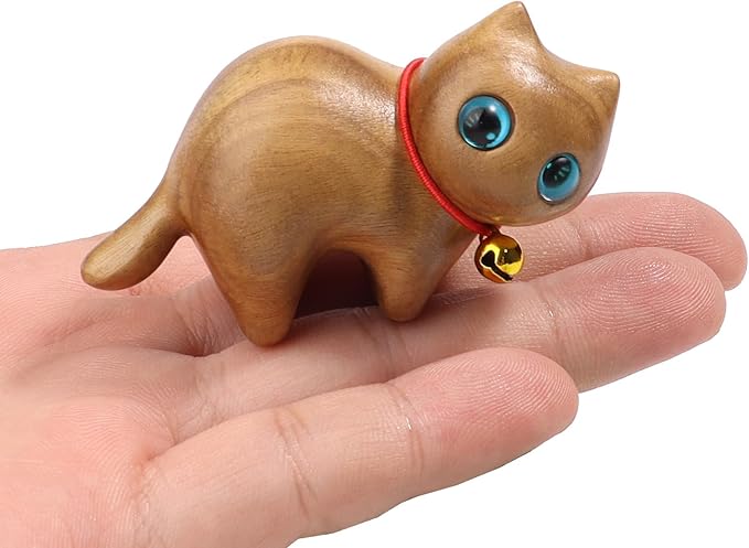 Cat Wooden Figurine, Decoration Handmade Cat Art Carved Small pet Garden Statue, Lovely Gift Home Decor Suitable for Bedroom, Desktop, Desk, Living Room, Bookshelf, Holiday Decoration