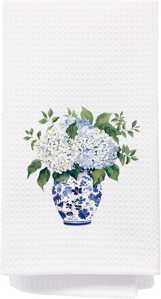 SPBL&L Blue Hydrangea Chinoiserie Kitchen Towels, White Floral Dish Towels, Hand Towels for Bathroom, Grandmillennial Decor, 16x24 Inch